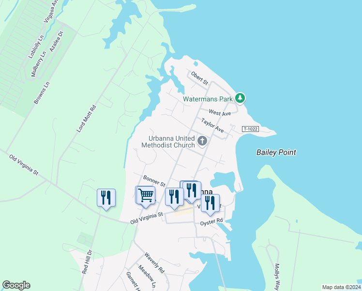 map of restaurants, bars, coffee shops, grocery stores, and more near 310 Rappahannock Avenue in Urbanna
