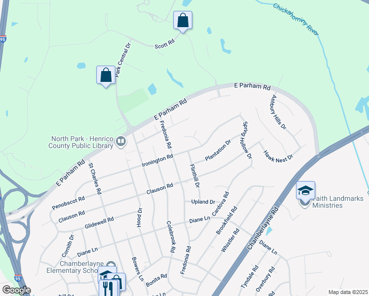 map of restaurants, bars, coffee shops, grocery stores, and more near 604 Ironington Road in Richmond
