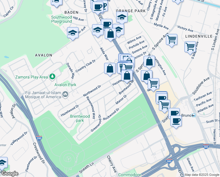 map of restaurants, bars, coffee shops, grocery stores, and more near 205 Hazelwood Drive in South San Francisco