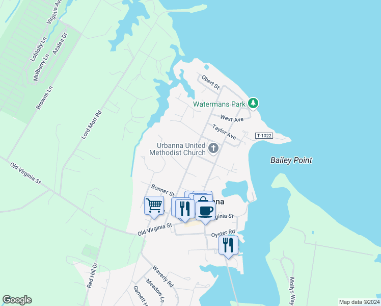 map of restaurants, bars, coffee shops, grocery stores, and more near 310 Rappahannock Avenue in Urbanna