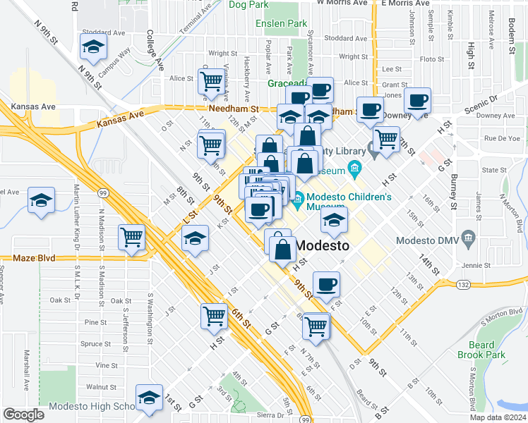 map of restaurants, bars, coffee shops, grocery stores, and more near 1002 10th Street in Modesto