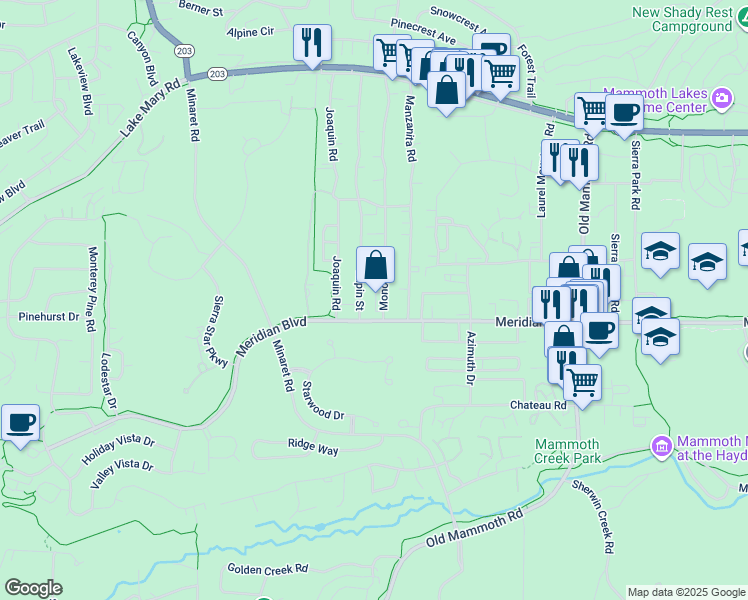 map of restaurants, bars, coffee shops, grocery stores, and more near 504 Mono Street in Mammoth Lakes