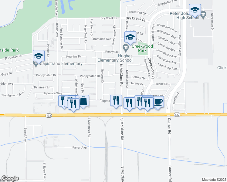 map of restaurants, bars, coffee shops, grocery stores, and more near 221 Yuba Ridge Lane in Modesto