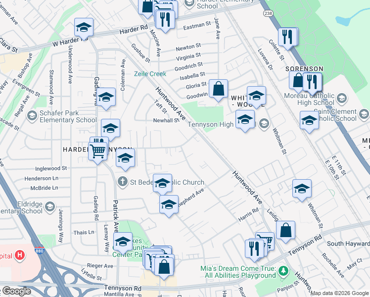 map of restaurants, bars, coffee shops, grocery stores, and more near 312 Schafer Road in Hayward