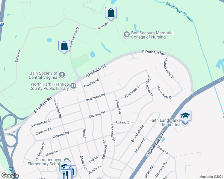 map of restaurants, bars, coffee shops, grocery stores, and more near 604 Ironington Road in Richmond