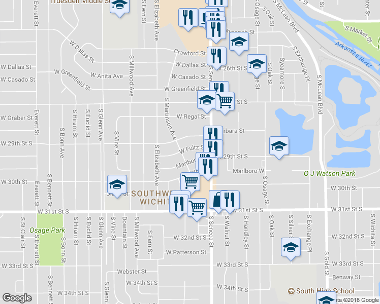 map of restaurants, bars, coffee shops, grocery stores, and more near 1215 Fultz Street in Wichita