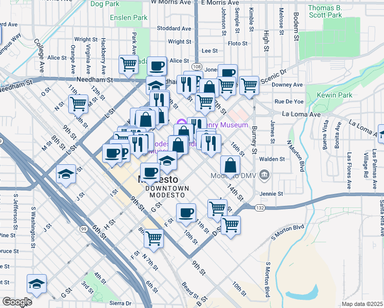 map of restaurants, bars, coffee shops, grocery stores, and more near 723 14th Street in Modesto