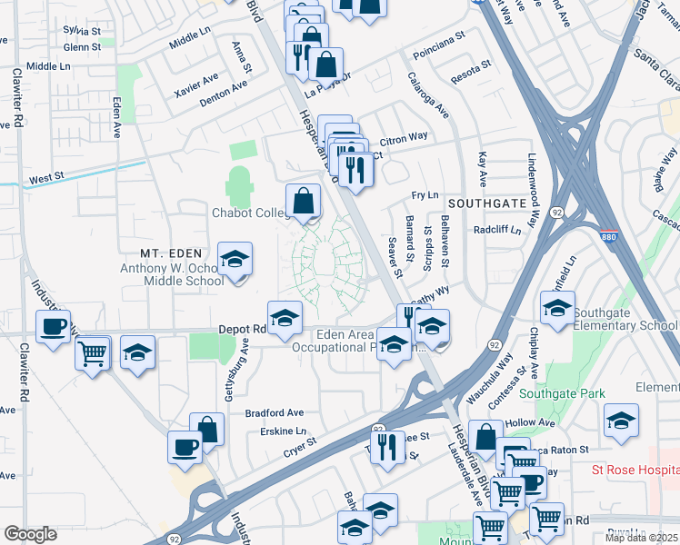map of restaurants, bars, coffee shops, grocery stores, and more near in Hayward