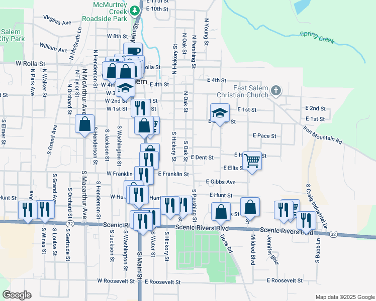 map of restaurants, bars, coffee shops, grocery stores, and more near 300 South Oak Street in Salem