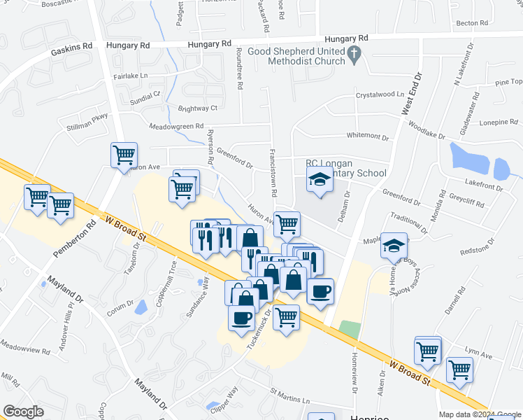 map of restaurants, bars, coffee shops, grocery stores, and more near 9302 Huron Avenue in Richmond