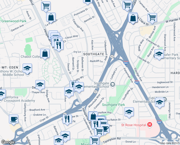 map of restaurants, bars, coffee shops, grocery stores, and more near 25862 Calaroga Avenue in Hayward