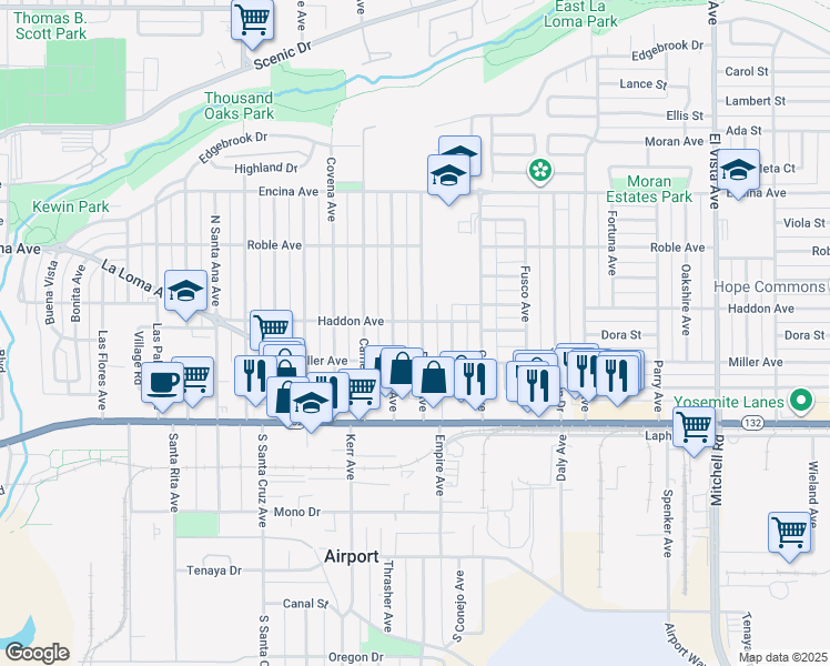 map of restaurants, bars, coffee shops, grocery stores, and more near 225 Rosina Avenue in Modesto
