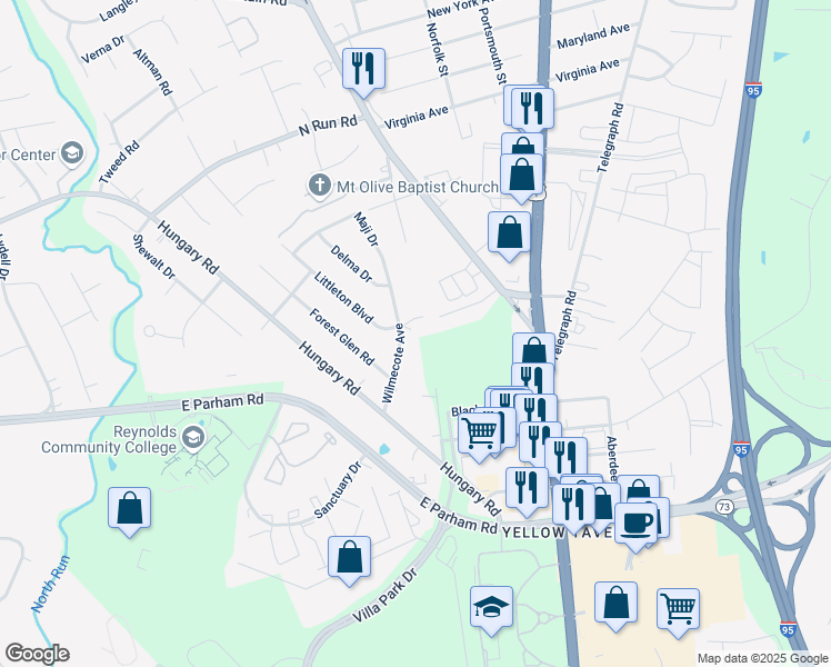 map of restaurants, bars, coffee shops, grocery stores, and more near 9111 Wilmecote Avenue in Richmond
