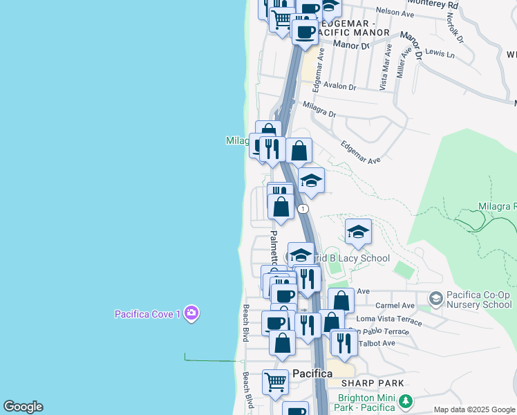map of restaurants, bars, coffee shops, grocery stores, and more near 1300 Palmetto Avenue in Pacifica