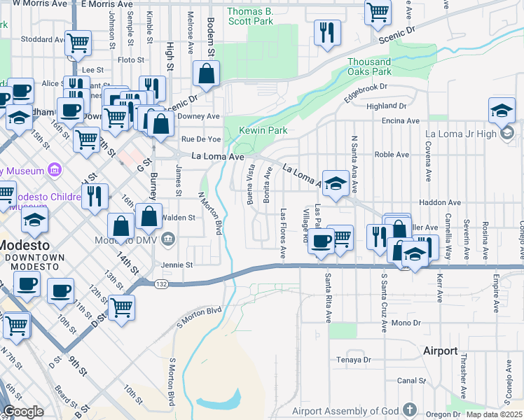map of restaurants, bars, coffee shops, grocery stores, and more near 204 Buena Vista in Modesto