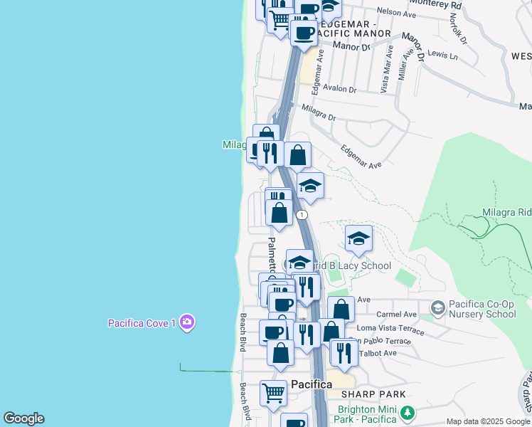 map of restaurants, bars, coffee shops, grocery stores, and more near 1300 Palmetto Avenue in Pacifica