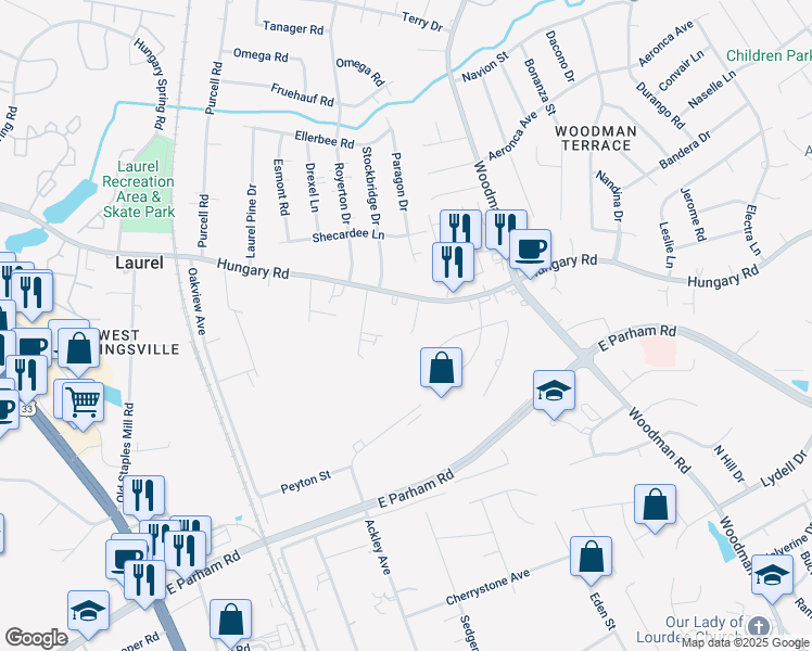 map of restaurants, bars, coffee shops, grocery stores, and more near 9412 Hollins Glen Court in Henrico