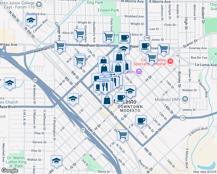 map of restaurants, bars, coffee shops, grocery stores, and more near 950 10th Street in Modesto