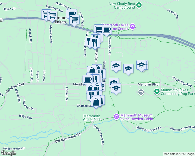 map of restaurants, bars, coffee shops, grocery stores, and more near 361 Old Mammoth Road in Mammoth Lakes