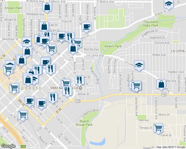 map of restaurants, bars, coffee shops, grocery stores, and more near 165 North Morton Boulevard in Modesto