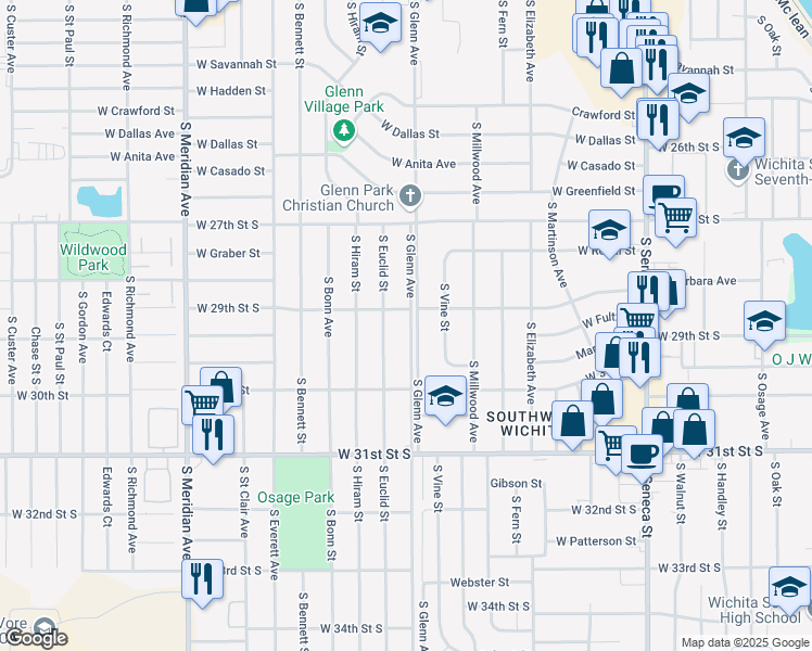 map of restaurants, bars, coffee shops, grocery stores, and more near 3015 South Glenn Avenue in Wichita