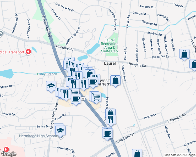 map of restaurants, bars, coffee shops, grocery stores, and more near 9012 Silverbush Drive in Henrico