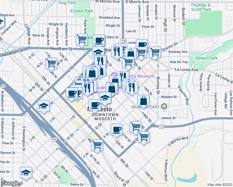 map of restaurants, bars, coffee shops, grocery stores, and more near 1310 H Street in Modesto