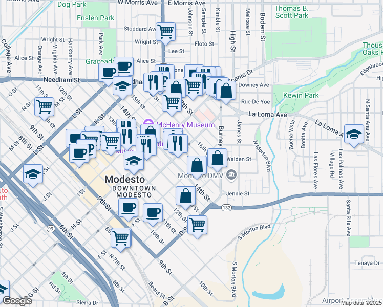 map of restaurants, bars, coffee shops, grocery stores, and more near 622 15th Street in Modesto