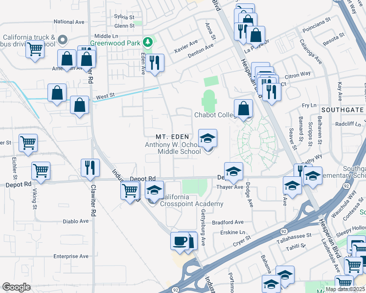 map of restaurants, bars, coffee shops, grocery stores, and more near 25066 Dania Lane in Hayward