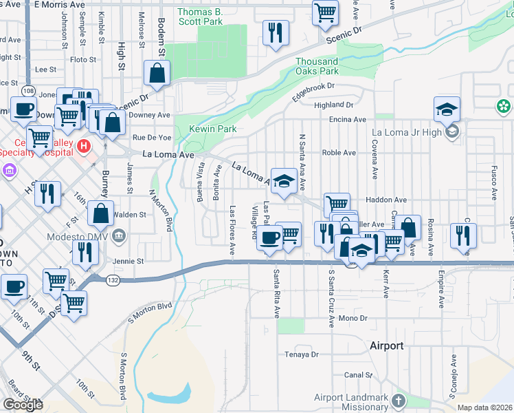 map of restaurants, bars, coffee shops, grocery stores, and more near 152 Village Road in Modesto