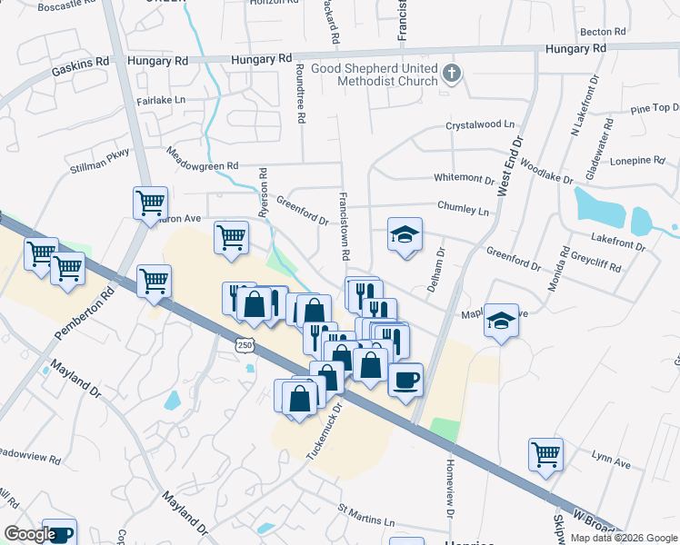 map of restaurants, bars, coffee shops, grocery stores, and more near 3802 Francistown Road in Richmond