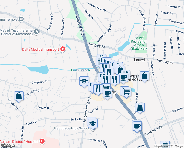 map of restaurants, bars, coffee shops, grocery stores, and more near 9214 Hungary Spring Road in Richmond