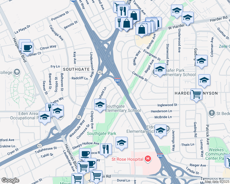 map of restaurants, bars, coffee shops, grocery stores, and more near 1223 Thornwall Lane in Hayward