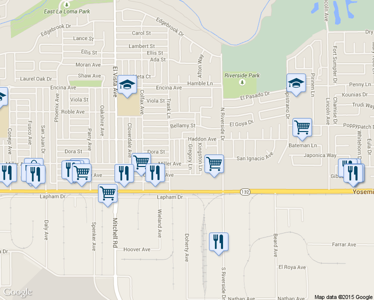 map of restaurants, bars, coffee shops, grocery stores, and more near 221 Gregory Lane in Modesto