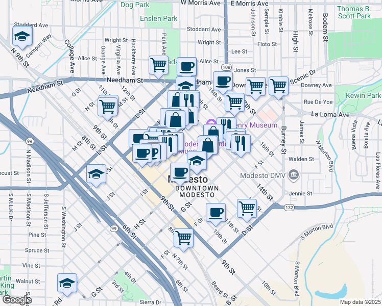 map of restaurants, bars, coffee shops, grocery stores, and more near 821 13th Street in Modesto