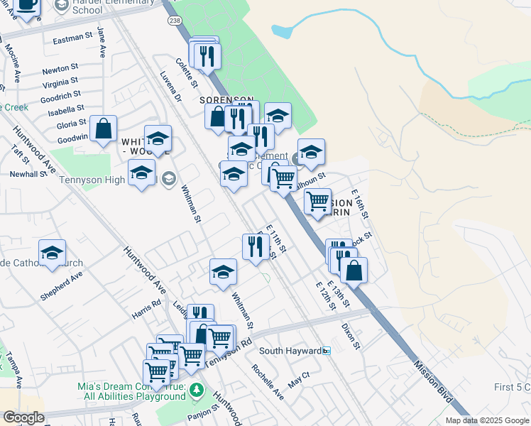 map of restaurants, bars, coffee shops, grocery stores, and more near 27552 East 11th Street in Hayward