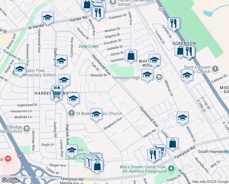 map of restaurants, bars, coffee shops, grocery stores, and more near 312 Schafer Road in Hayward