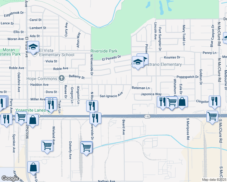 map of restaurants, bars, coffee shops, grocery stores, and more near 216 Sierra Madre Drive in Modesto