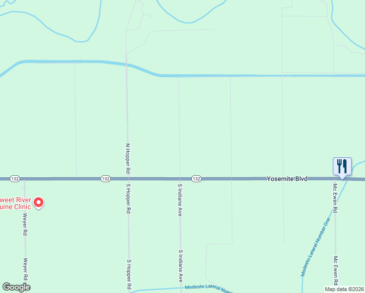 map of restaurants, bars, coffee shops, grocery stores, and more near 224 North Indiana Avenue in Modesto