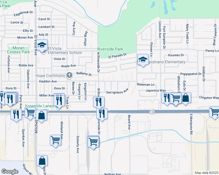 map of restaurants, bars, coffee shops, grocery stores, and more near 217 Carmillita Way in Modesto