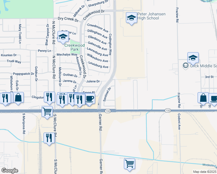 map of restaurants, bars, coffee shops, grocery stores, and more near 237 Sentinel Drive in Modesto