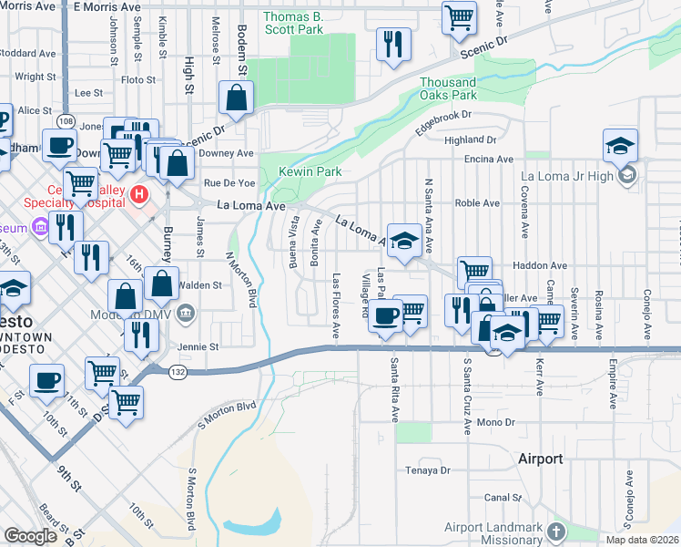 map of restaurants, bars, coffee shops, grocery stores, and more near 205 Las Flores Avenue in Modesto
