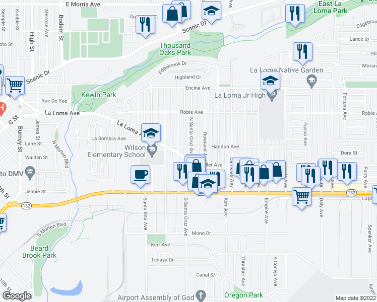 map of restaurants, bars, coffee shops, grocery stores, and more near 213 North Santa Cruz Avenue in Modesto