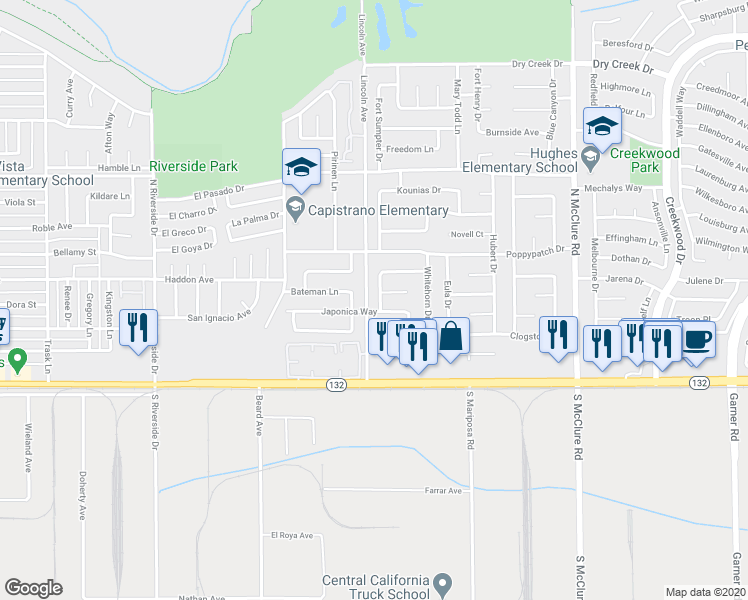 map of restaurants, bars, coffee shops, grocery stores, and more near 207 Redbud Lane in Modesto