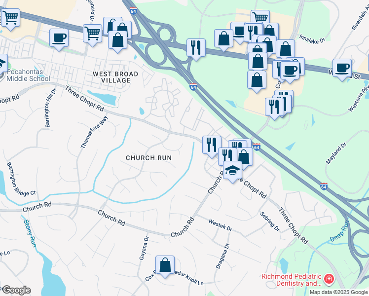 map of restaurants, bars, coffee shops, grocery stores, and more near 11209 Fanwood Court in Richmond