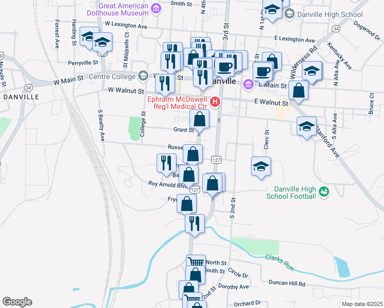 map of restaurants, bars, coffee shops, grocery stores, and more near 698 Russell Street in Danville