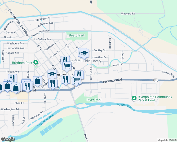map of restaurants, bars, coffee shops, grocery stores, and more near 215 Tim Bell Road in Waterford