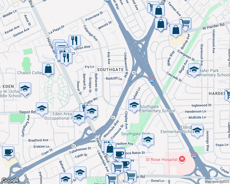 map of restaurants, bars, coffee shops, grocery stores, and more near in Hayward