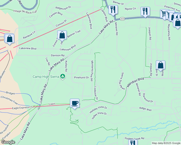 map of restaurants, bars, coffee shops, grocery stores, and more near 260 Monterey Pine Road in Mammoth Lakes