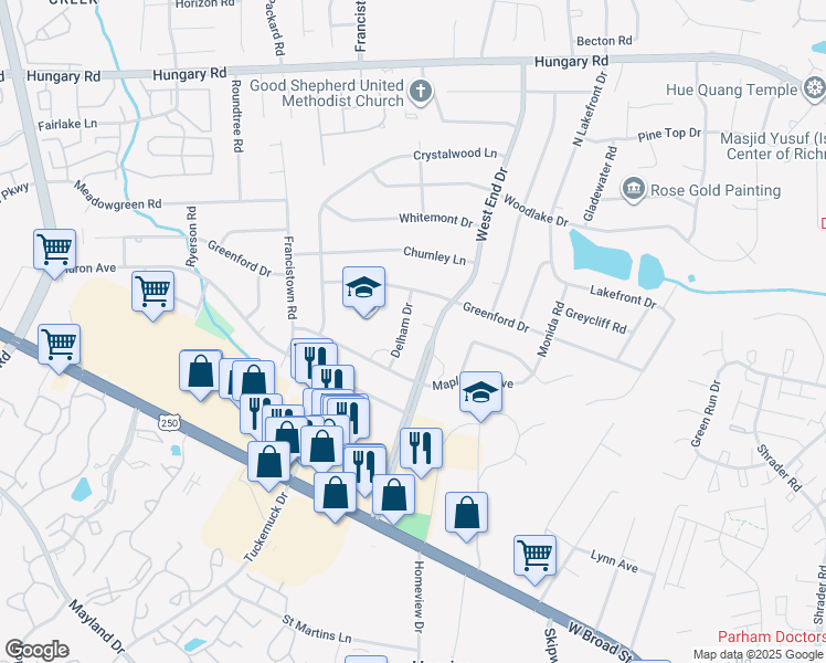 map of restaurants, bars, coffee shops, grocery stores, and more near 3809 Delham Drive in Richmond